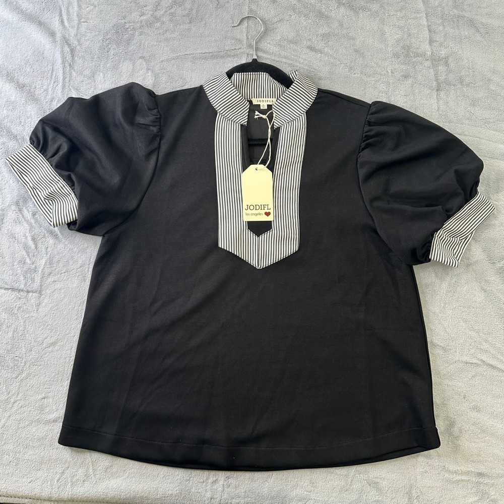 Jodifl Los Angeles Women Black Striped Trim Puff Sleeve Blouse Top Small NWT